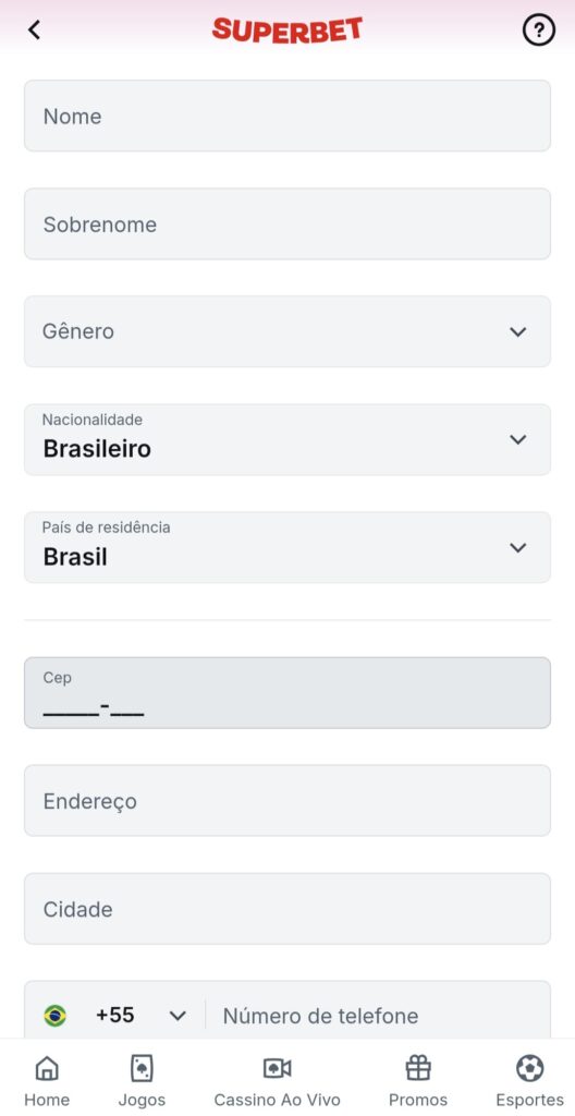 Processo de cadastro na Superbet etapa 2
